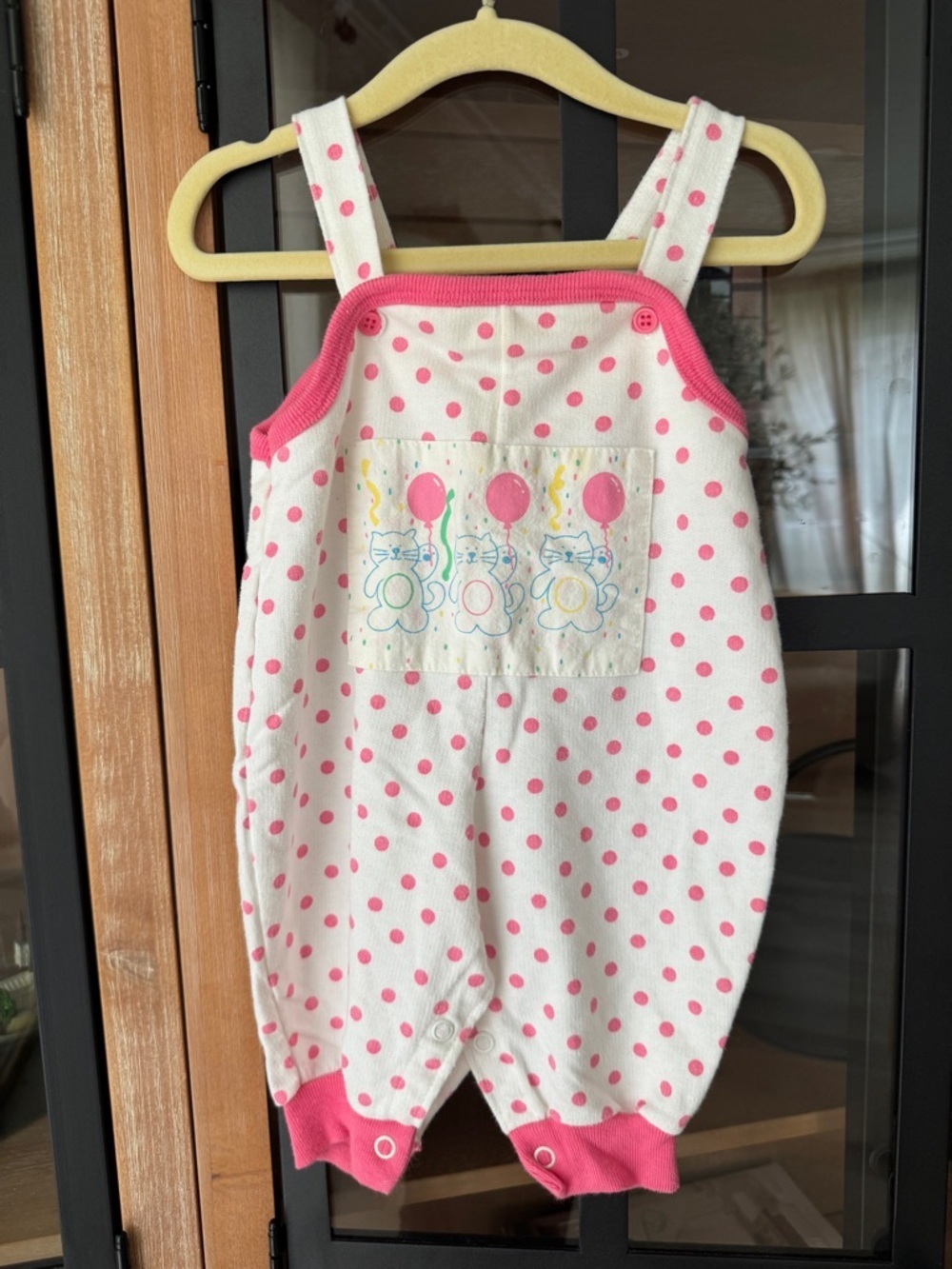 Vintage 90s cats balloons buster brown overalls jumpsuit baby girl polka dots